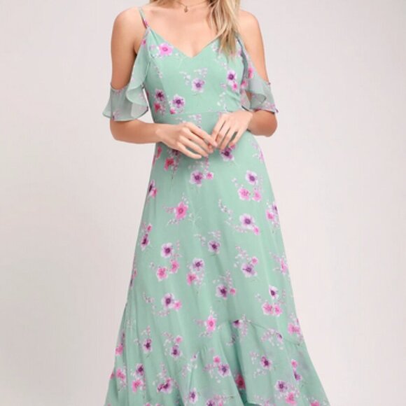 NWT Lulu's Take You There Mint Green Floral Print Maxi Dress sz L - Picture 1 of 16